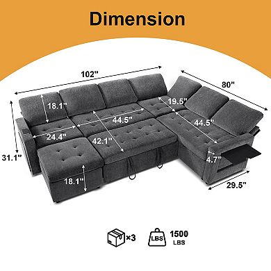 Opoiar 102" 5-Seat Sleeper Sectional Sofa, Pull-Out Bed, Reclining Back, USB & Storage, L-Shape