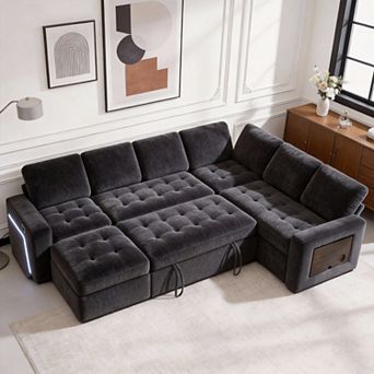 Opoiar 102" 5-Seat Sleeper Sectional Sofa, Pull-Out Bed, Reclining Back, USB & Storage, L-Shape