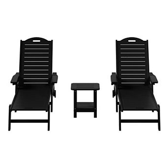 3 pc Outdoor Patio Chaise Lounge Chair with Wheels & Cup Holder with Patio Side Table