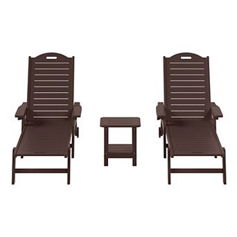 3 pc Outdoor Patio Chaise Lounge Chair with Wheels & Cup Holder with Patio Side Table