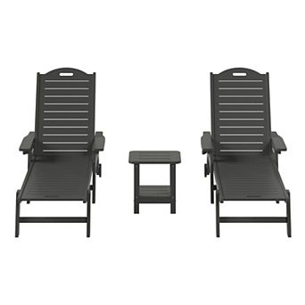 3 pc Outdoor Patio Chaise Lounge Chair with Wheels & Cup Holder with Patio Side Table