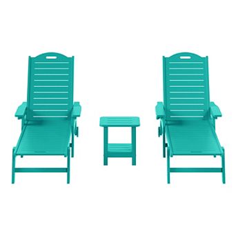 3 pc Outdoor Patio Chaise Lounge Chair with Wheels & Cup Holder with Patio Side Table