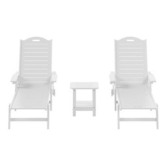 3 pc Outdoor Patio Chaise Lounge Chair with Wheels & Cup Holder with Patio Side Table