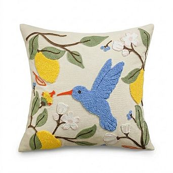 Floral Lemon Hummingbird Embroidered Throw Pillow Cover, Spring Summer Linen Cushion Case