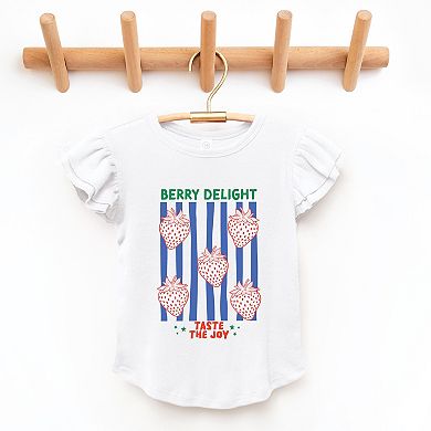 Berry Delight Strawberries Stripes - Flutter Sleeve Graphic T-Shirt