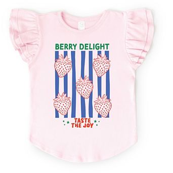 Berry Delight Strawberries Stripes - Flutter Sleeve Graphic T-Shirt