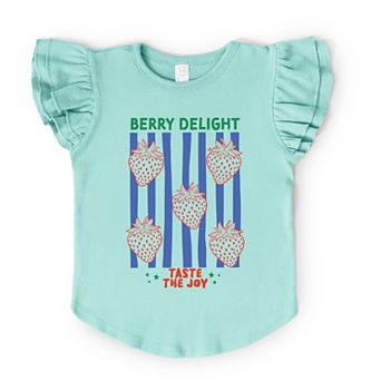Berry Delight Strawberries Stripes - Flutter Sleeve Graphic T-Shirt