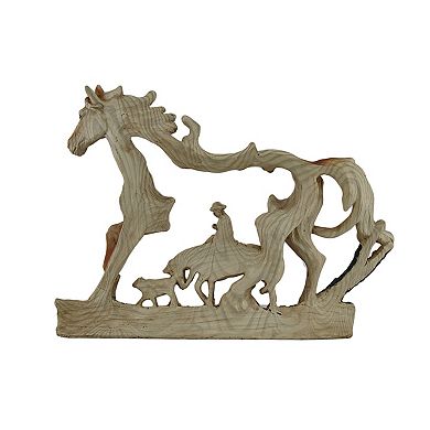 Horse and Cowboy Faux Wood Carving Statue