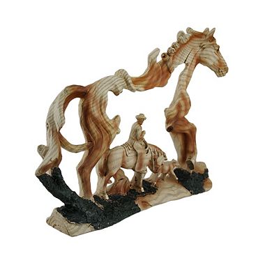 Horse and Cowboy Faux Wood Carving Statue