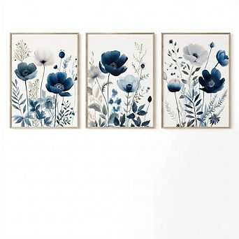 Floral Canvas Wall Art Set of 3, Navy Blue Botanical Watercolor Prints