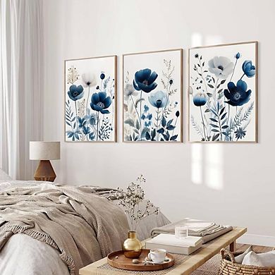 Floral Canvas Wall Art Set of 3, Navy Blue Botanical Watercolor Prints