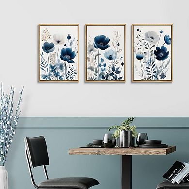 Floral Canvas Wall Art Set of 3, Navy Blue Botanical Watercolor Prints