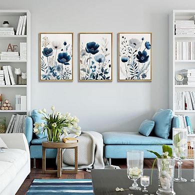 Floral Canvas Wall Art Set of 3, Navy Blue Botanical Watercolor Prints