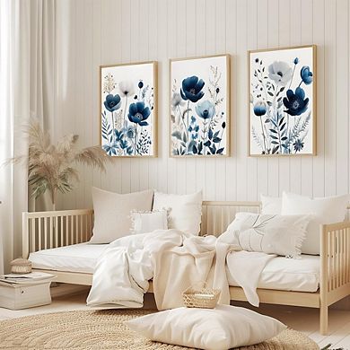 Floral Canvas Wall Art Set of 3, Navy Blue Botanical Watercolor Prints