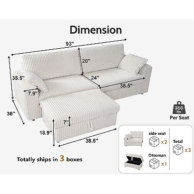 Opoiar 93" Corduroy Sofa with Ottoman, Deep Seat Couch, Washable Covers, Tool-Free Assembly