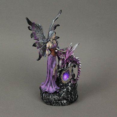 Amethyst Purple Fairy And Dragon LED Lighted Geode Statue
