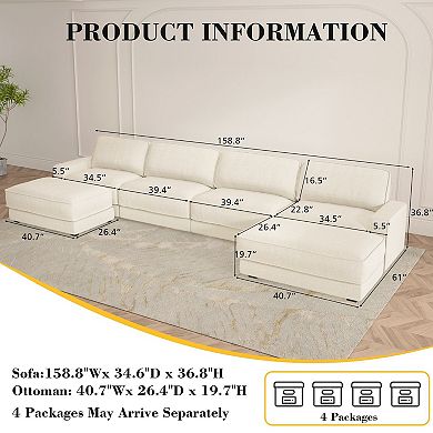 Opoiar 160" Cloud Modular Sectional Sofa, Deep Seat U-Shaped Couch with Chaise, No Assembly