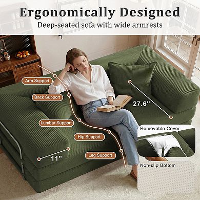 Opoiar 65" 5-in-1 Convertible Sofa Bed, Folding Corduroy Floor Couch, Sleeper with Steel Frame
