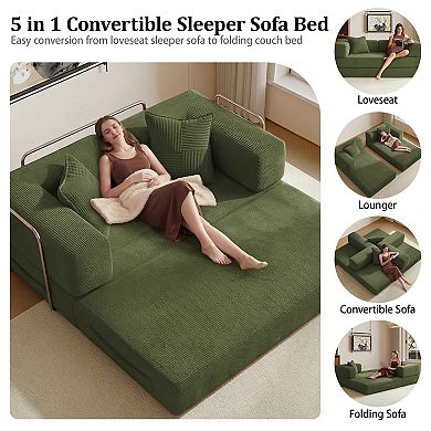 Opoiar 65" 5-in-1 Convertible Sofa Bed, Folding Corduroy Floor Couch, Sleeper with Steel Frame