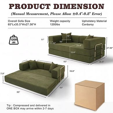 Opoiar 65" 5-in-1 Convertible Sofa Bed, Folding Corduroy Floor Couch, Sleeper with Steel Frame
