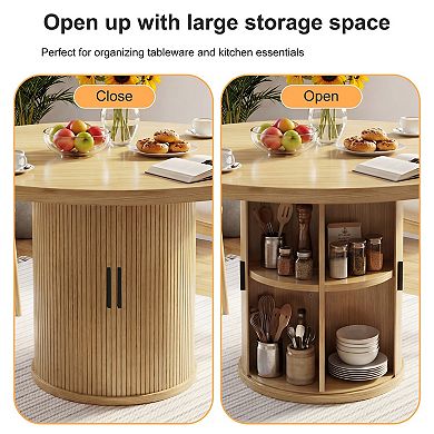 Opoiar 35.5" Round Dining Table with Storage Shelf, Fluted Wood Pedestal Base