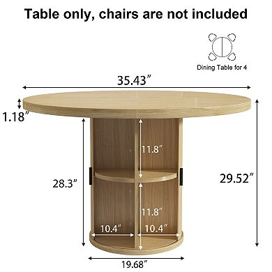 Opoiar 35.5" Round Dining Table with Storage Shelf, Fluted Wood Pedestal Base