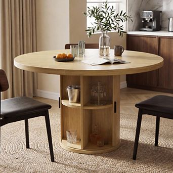 Opoiar 35.5" Round Dining Table with Storage Shelf, Fluted Wood Pedestal Base