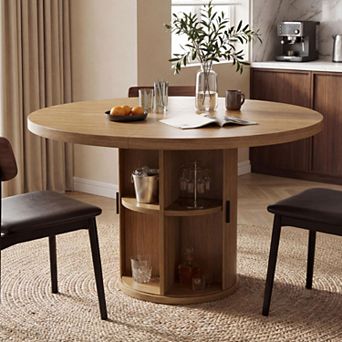 Opoiar 35.5" Round Dining Table with Storage Shelf, Fluted Wood Pedestal Base