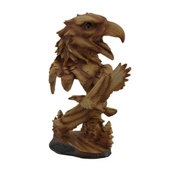 Carved Wood Look Bald Eagle Bust and Scene Tabletop Statue