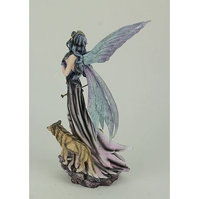 Blue Fairy In Long Dress Walking with Twin Wolves Statue