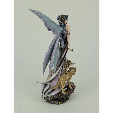 Blue Fairy In Long Dress Walking with Twin Wolves Statue