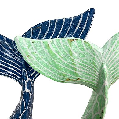 Set of 2 Wood Mermaid Tail Sculptures 13.75" Turquoise & Navy Blue Decor