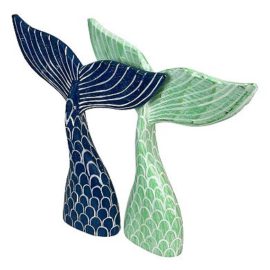 Set of 2 Wood Mermaid Tail Sculptures 13.75" Turquoise & Navy Blue Decor