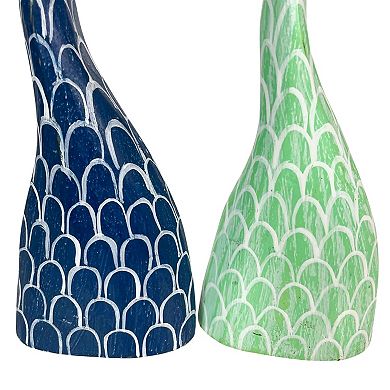 Set of 2 Wood Mermaid Tail Sculptures 13.75" Turquoise & Navy Blue Decor