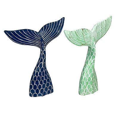 Set of 2 Wood Mermaid Tail Sculptures 13.75" Turquoise & Navy Blue Decor