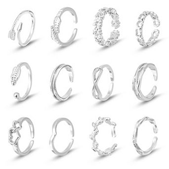 12 pc Adjustable Silver Toe Rings Set