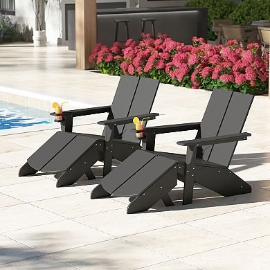 Outdoor 4-Piece HDPE Modern Adirondack Chairs Set with Folding Patio Ottomans and Cup Holder