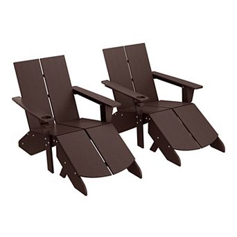 Outdoor 4 pc HDPE Modern Adirondack Chairs Set with Folding Patio Ottomans and Cup Holder