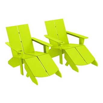 Outdoor 4 pc HDPE Modern Adirondack Chairs Set with Folding Patio Ottomans and Cup Holder