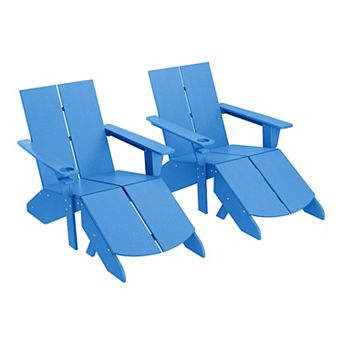 Outdoor 4 pc HDPE Modern Adirondack Chairs Set with Folding Patio Ottomans and Cup Holder