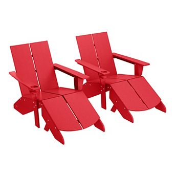 Outdoor 4 pc HDPE Modern Adirondack Chairs Set with Folding Patio Ottomans and Cup Holder