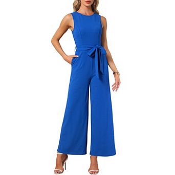 Summer Jumpsuit for Women's Dressy Casual Sleeveless Crew Neck Belted Wide Leg Rompers