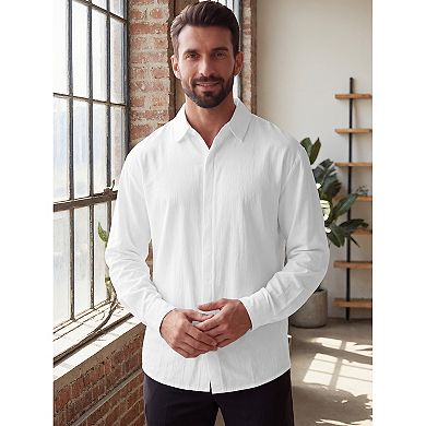 Men's Long Sleeve Button Down Solid Linen Dress Shirt