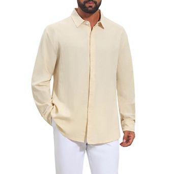 Men's Long Sleeve Button Down Solid Linen Dress Shirt