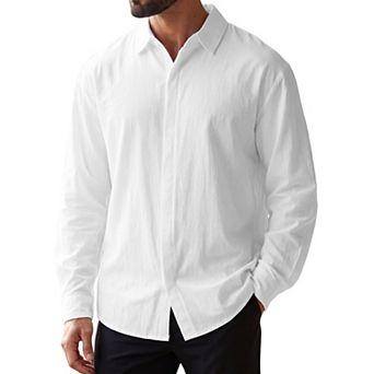 Men's Long Sleeve Button Down Solid Linen Dress Shirt