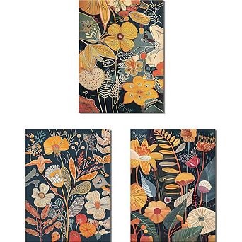 Floral Wall Art Set of 3, Mid Century Modern Boho Botanical Canvas Prints
