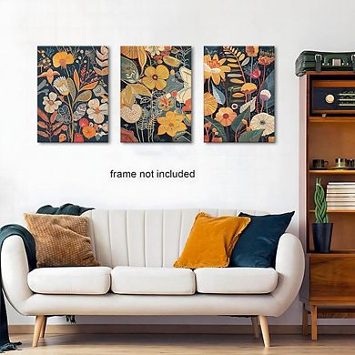Floral Wall Art Set of 3, Mid Century Modern Boho Botanical Canvas Prints