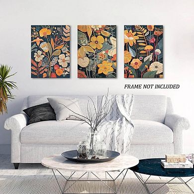 Floral Wall Art Set of 3, Mid Century Modern Boho Botanical Canvas Prints