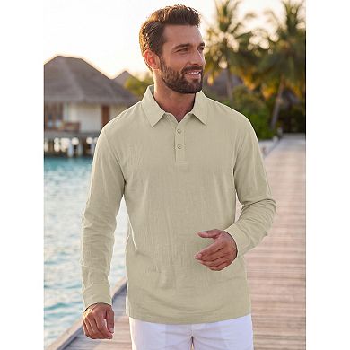 Men's Linen Polo Shirt Long Sleeve Casual Lightweight Breathable Button Down Golf Shirts