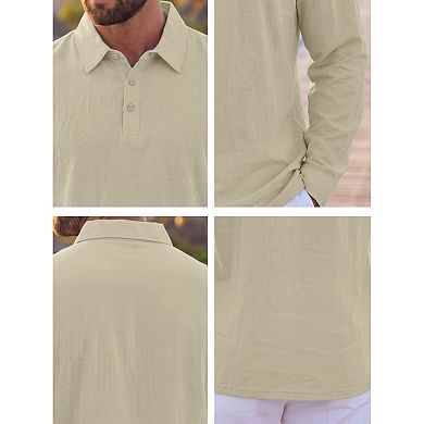 Men's Linen Polo Shirt Long Sleeve Casual Lightweight Breathable Button Down Golf Shirts